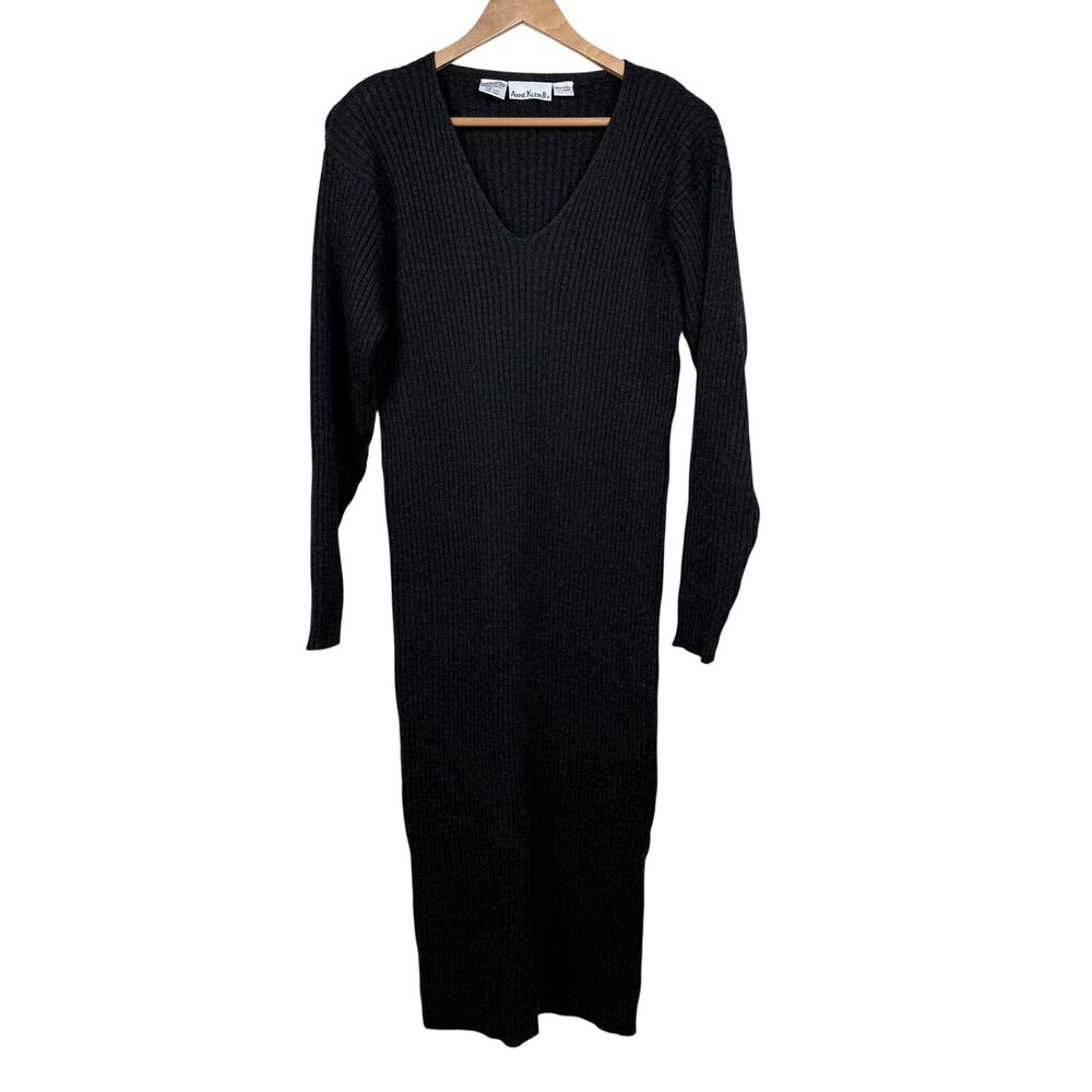 Vintage Anne Klein II 100% Wool Sweater Dress Gray Ribbed Midi L 90s Minimal
